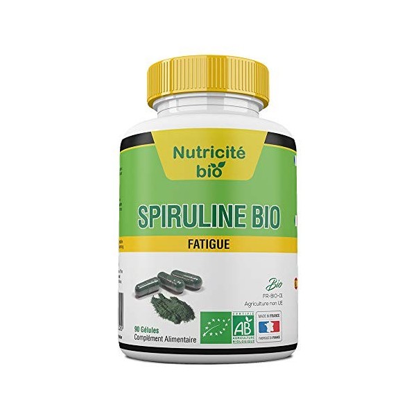 Spiruline bio 90 Gélules - Qualité française - Réduit la fatigue - Facile à avaler - Garantie 100% Bio - Pour stimuler le sys