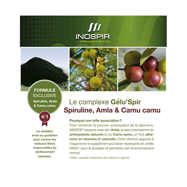 SPIRULINE BIO + VITAMINE C BIO | GELUSPIR - Spiruline, Amla, Camu Camu Bio - Fort pouvoir Antioxydant, Lutte contre Stress O