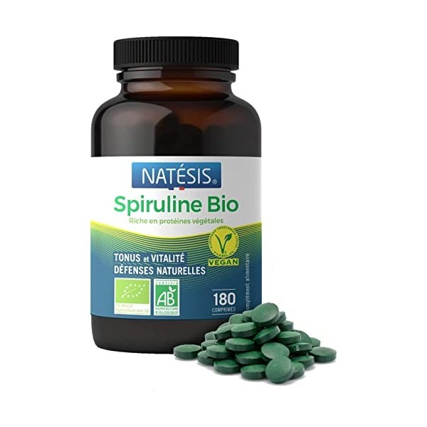 NATESIS — Spiruline Bio & Vegan — 180 comprimés — Riche en Protéines — Phycocyanine 16,5% — Sport, Contrôle du poids, Énergie