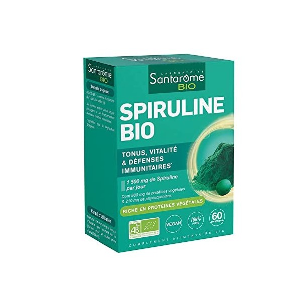 Santarome Bio - Spiruline Bio | Jusquà 19% de Phycocyanine | Riche en Protéines, Fer & Vitamine B12 | 60 comprimés de 500mg 