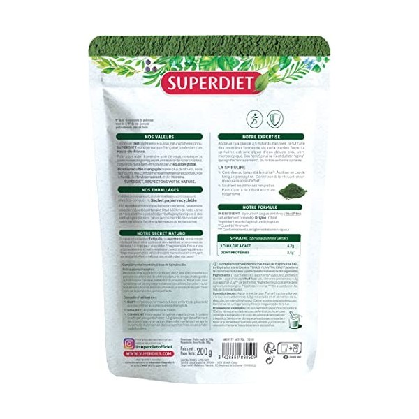 SUPERDIET - SPIRULINE BIO - Immunité, Minceur, récupération sportive -Sachet papier refermable - Conditionné en France -Poudr