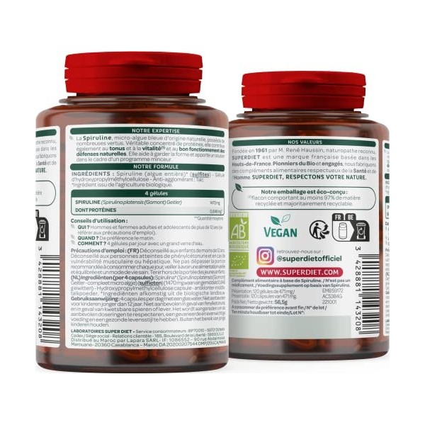 SUPERDIET - SPIRULINE BIO - Immunité, Minceur, récupération sportive-Fabriqué en France - 120 gélules