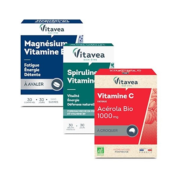 Vitavea - Pack Tonus et Vitalité - Lot de 3 compléments alimentaires : Vitamine C 1000 mg + Spiruline + Magnésium, Vitamine B