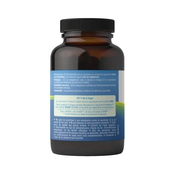 NATESIS - Magnésium & Spiruline Bio - Complément Alimentaire Naturel Certifié Vegan - Vitalité, Immunité, Énergie - 180 compr