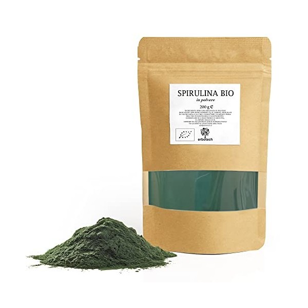 ERBOTECH Poudre de Spiruline BIO, Sachet de 200 g, Riche en Protéines, Calcium et Vitamines, Riche en Nutriments, Soutien Bio