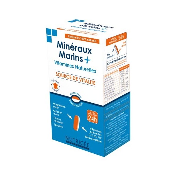 Minéraux Marins + • Spiruline • Calcium Marin • Vitamines B, C, E • Bétacarotène • 60 comprimés bicouches efficacité 24 H • S