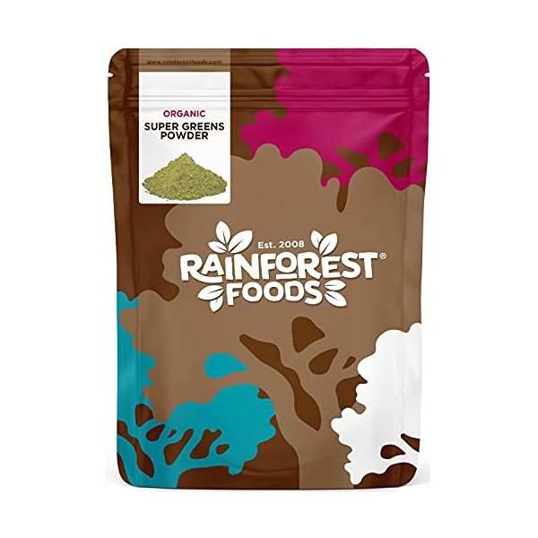 Rainforest Foods Poudre de super verts bio, mélange de spiruline, herbe de blé, herbe dorge et chlorelle, 400g