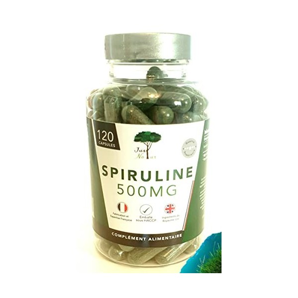 JustNatur-Spiruline 500 mg-Ingrédients Label Qualité Supérieur-Riche en Protéine-Chlorophylle-Phycocyanine-Fer-Caroténoïde 1