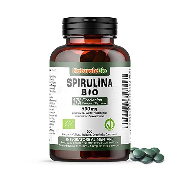 Algues Spiruline Bio Comprimés de 500mg - 500 Comprimés. Biologique, Naturelle et Pure, Phycocyanine à 17%. Cultivée en Inde 