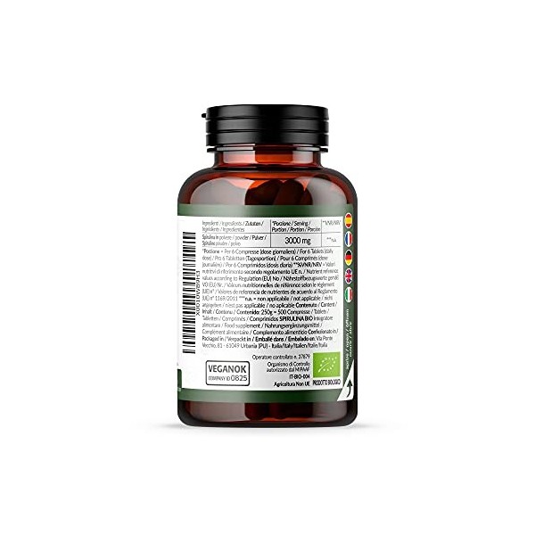 Algues Spiruline Bio Comprimés de 500mg - 500 Comprimés. Biologique, Naturelle et Pure, Phycocyanine à 17%. Cultivée en Inde 