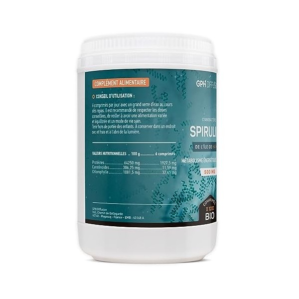 Spiruline/Spirulina Bio 500mg - 1200 Comprimés - Métabolisme énergétique - Système immunitaire