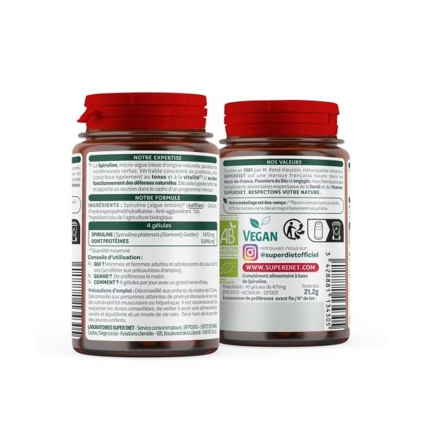 SUPERDIET - SPIRULINE BIO - Tonus, Vitalité, Récupération sportive - Phytothérapie - Fabrication française - 45 gélules