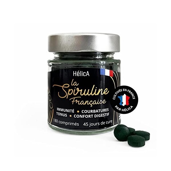 Spiruline Vraiment Française – Cultivée en France – 180 Comprimés sans Excipient– Rincée et Séchée à Froid – Non Atomisée – 7