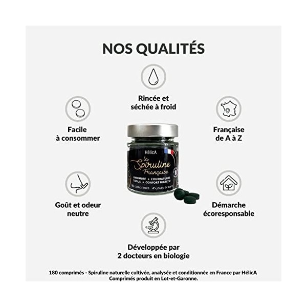 Spiruline Vraiment Française – Cultivée en France – 180 Comprimés sans Excipient– Rincée et Séchée à Froid – Non Atomisée – 7