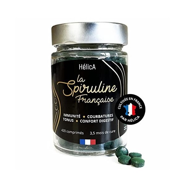 Spiruline Vraiment Française – Cultivée en France – 420 Comprimés sans Excipient– Rincée et Séchée à Froid – Non Atomisée – 7