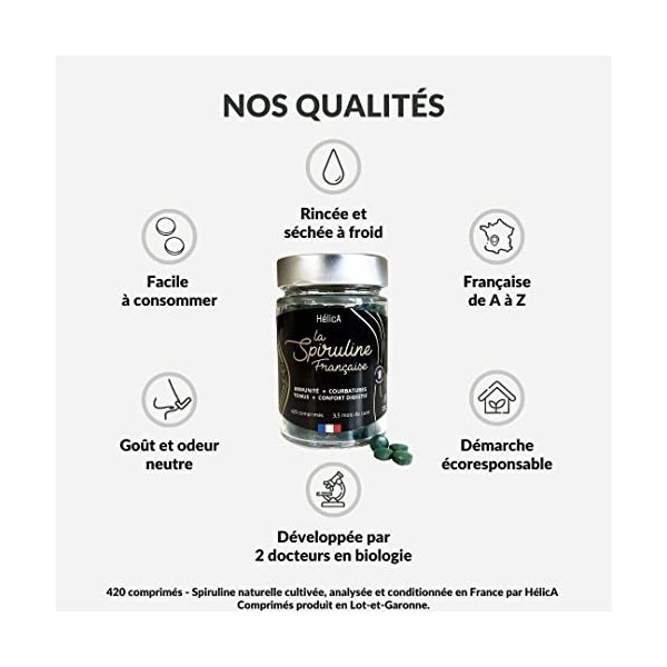 Spiruline Vraiment Française – Cultivée en France – 420 Comprimés sans Excipient– Rincée et Séchée à Froid – Non Atomisée – 7