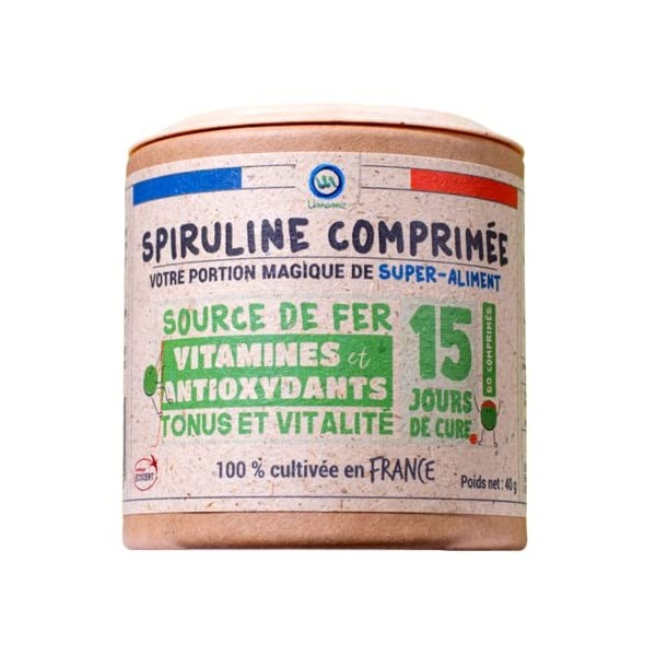 Spiruline Française en Comprimés - Phycocyanine 20% - Source de Fer - Cure de 15 Jours 40g 