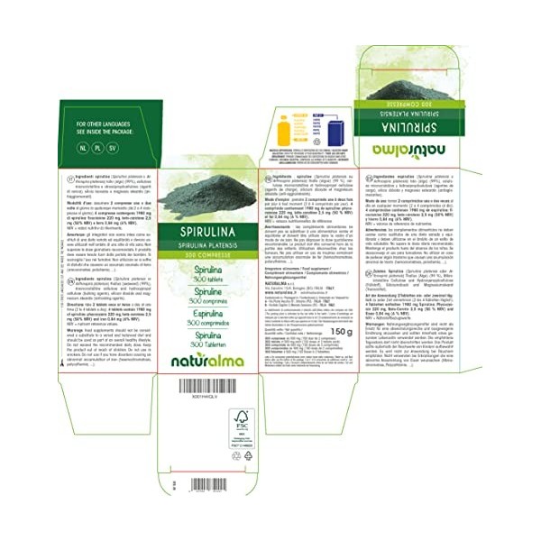 Spiruline Spirulina platensis ou Arthrospira platensis thalle algue Naturalma | 150 g | 300 comprimés de 500 mg | Complém