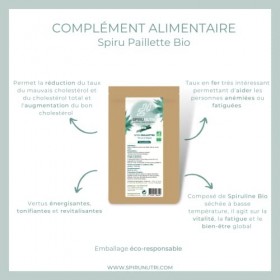Complément alimentaire Bien-être, tonus, vitalité, Spiruline bio Ecocert19% phycocyanine, Spiru Paillette Bio, Sachet thermos