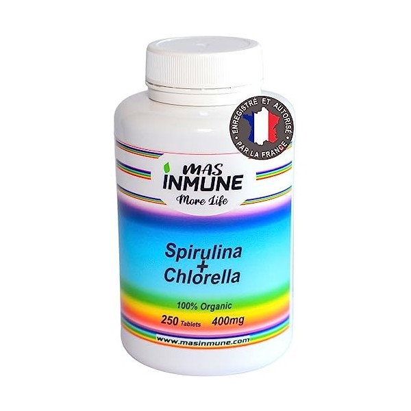 Spiruline et Chlorella Bio - 250 comprimés - Haute dose 600mg Spiruline + 600mg Chlorella - Sans Additifs - Vitamines, Minéra