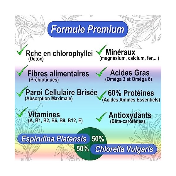 Spiruline et Chlorella Bio - 250 comprimés - Haute dose 600mg Spiruline + 600mg Chlorella - Sans Additifs - Vitamines, Minéra