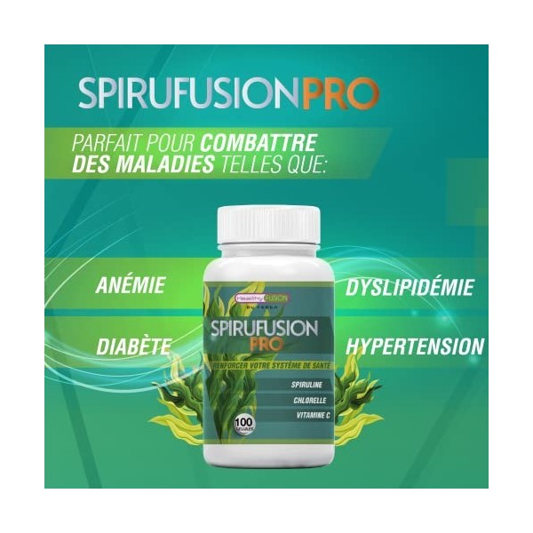 Healthy Fusion Pure Spiruline avec Chlorella et Vitamine C | Spiruline pure à 99% | Riche source de vitamines essentielles | 