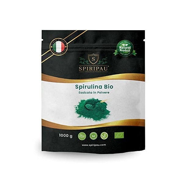 SPIRIPAU - Poudre dalgue spiruline biologique italienne 1000g - Cultivée et transformée en Italie en utilisant 100% dénergi