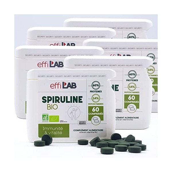 EffiLAB | Spiruline BIO | Lot de 6 piluliers de 60 comprimés de poudre de spiruline bio | 100% SPIRULINE | Complément aliment