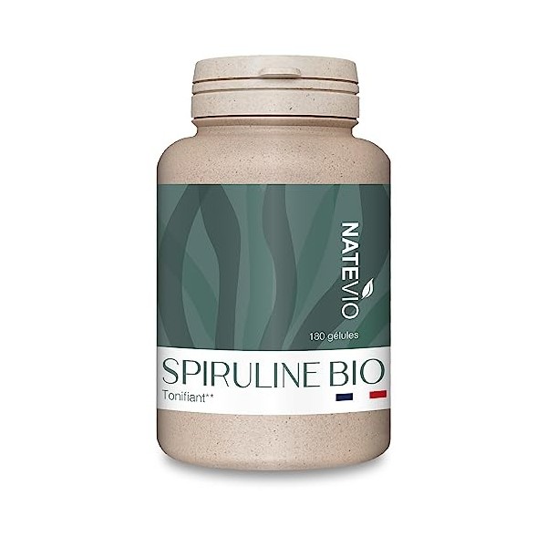 Spiruline Bio - Pilulier de 180 gélules - Antioxydant - Récupération - Riche en fer, minéraux, protéines - Fabriqué en France