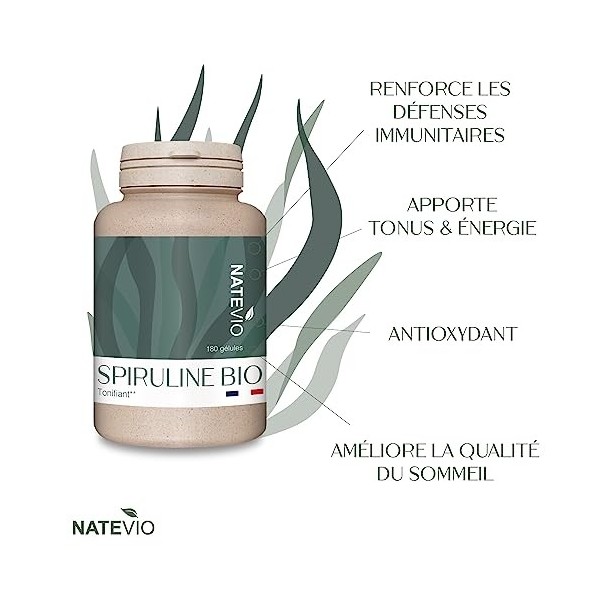 Spiruline Bio - Pilulier de 180 gélules - Antioxydant - Récupération - Riche en fer, minéraux, protéines - Fabriqué en France