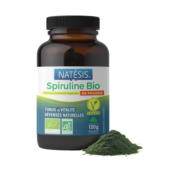 NATESIS — Spiruline Bio & Vegan — 120 g — Riche en Protéines — Phycocyanine 16,5 % — Sport, Minceur, Énergie, Immunité — Poud