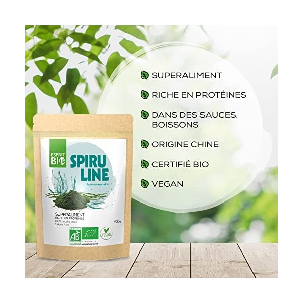 ESPRIT BIO – POUDRE DE SPIRULINE BIO 200g – Superaliment – Protéines – Mélanger en Sauces ou Boissons – 100% Bio et Vegan