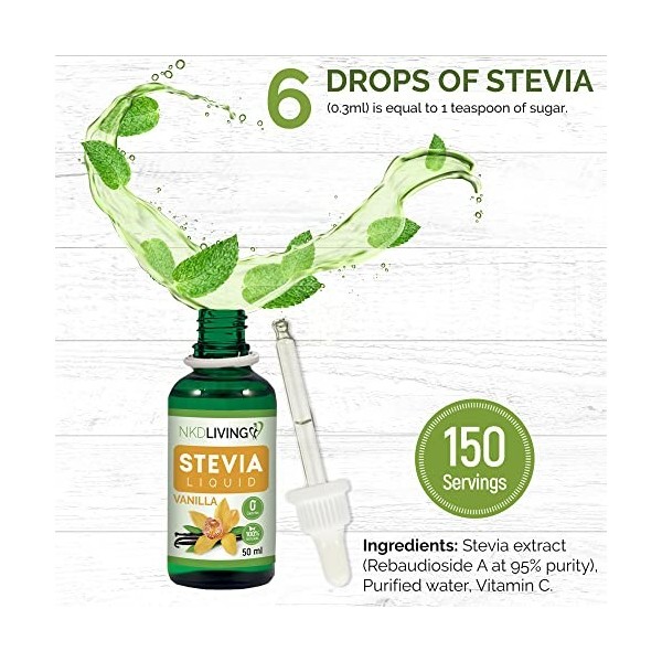 Gouttes de liquide de stévia pure 50 ml – saveur de vanille - avec compte-gouttes en verre