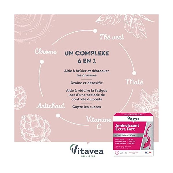 Vitavea - Amincissant Extra Fort - Préparation Minceur 6 actions - Ventre  plat, Graisse, Elimination, Sucres, Détox - Thé Vert, Maté, Artichaut,  Chrome, Vitamine C - 20 sachets : : Hygiène et Santé