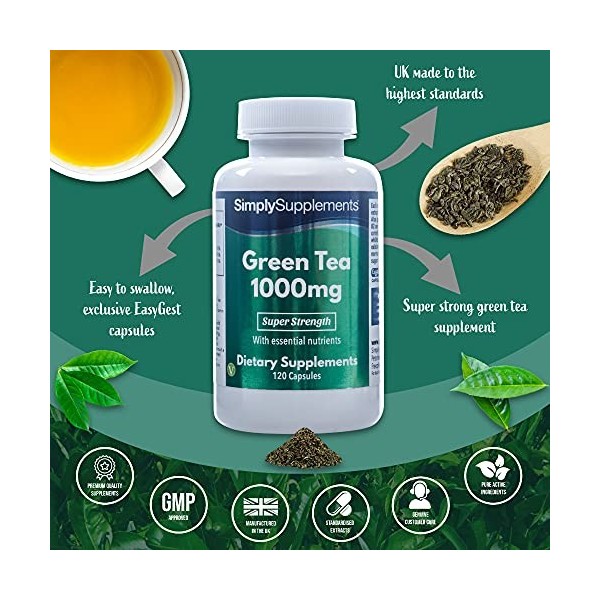 Thé Vert 1000mg | Enrichi en vitamine B1 & Chrome | 120 Gélules | Adapté aux végétaliens | SimplySupplements