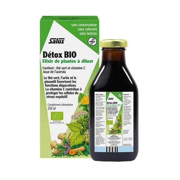 Salus Détox BIO - Formule Liquide - Élimination des Toxines*, Drainage - À Base de Thé Vert, dOrtie et dAcérola - 250 ml