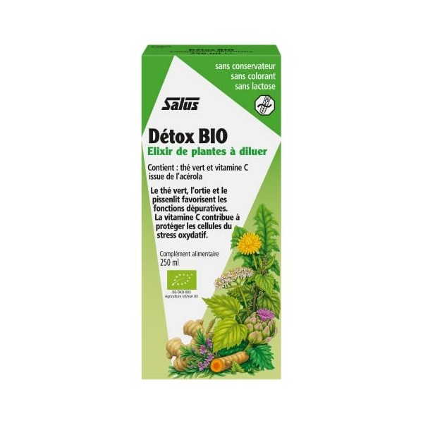 Salus Détox BIO - Formule Liquide - Élimination des Toxines*, Drainage - À Base de Thé Vert, dOrtie et dAcérola - 250 ml