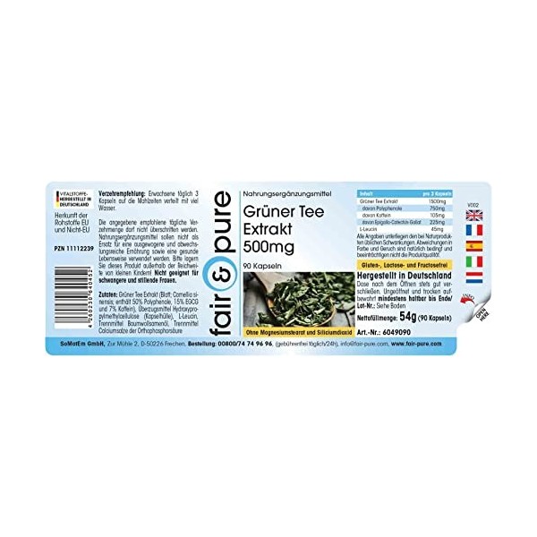 Fair & Pure® - 1500mg par dose journalière - Extrait de thé vert avec 50% de polyphénols, caféine et EGCG - 90 gélules végane