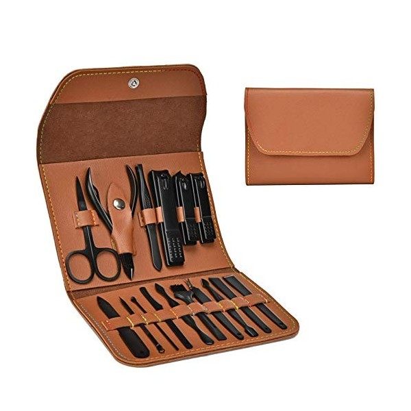 Ensemble de manucure 16 pièces avec étui en cuir synthétique, outil de soins personnels, cadeau pour homme/femme, anniversair