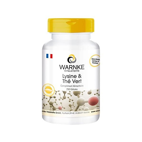 Lysine et Thé Vert 500 mg L-Lysine 200 mg - Extrait de thé vert - 250 gélules - Végétarien - 50% de Polyphénols | Warnke Vita