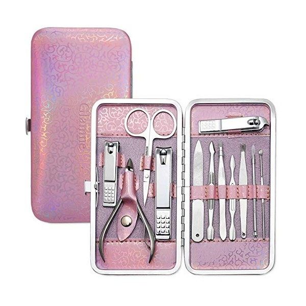 Glamne Kit de manucure et pédicure professionnel en acier inoxydable avec étui de voyage holographique rose 