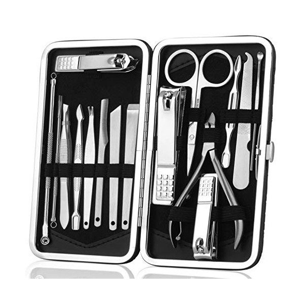 Esup Kit de manucure et pédicure 16 en 1 avec coupe-ongles en acier inoxydable et ciseaux à ongles avec étui de voyage en cui