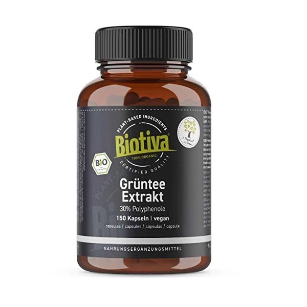 Biotiva Capsules dextrait de thé vert biologique 150 pièces - 30% Polyphénols - végétalien, sans gluten ni lactose - remplie