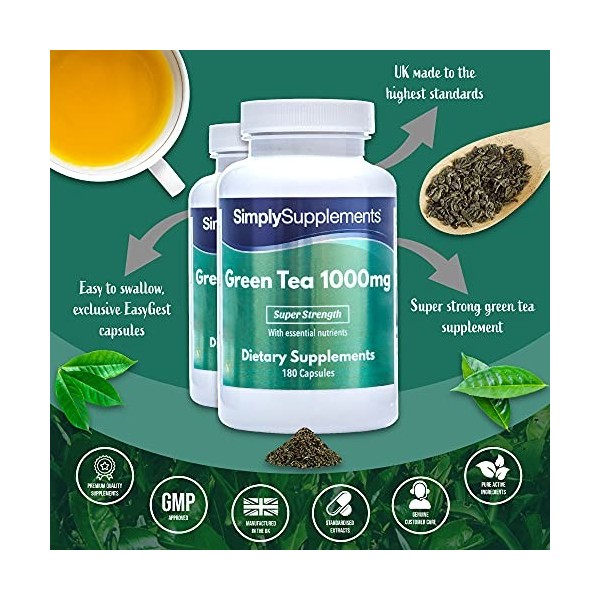 Thé Vert 1000mg | Enrichi en vitamine B1 & Chrome | 360 Gélules | Adapté aux végétaliens | SimplySupplements