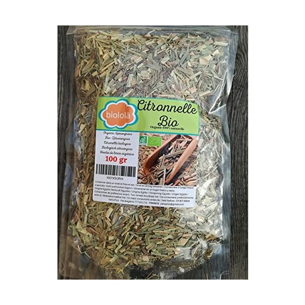 Biololä Citronnelle Bio, tisane, thé Lemongrass, Infusion - marinade et cuisine - Cymbopogon 100g en sac zip refermable. Douc