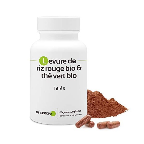 Levure de riz rouge bio, Thé vert bio * 387 mg / 60 gélules * Cardiovasculaire glucose * Garantie Satisfait ou Remboursé * 