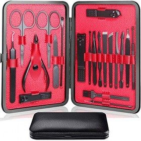 Kit de manucure professionnel en acier inoxydable pour homme avec étui en cuir synthétique noir pour voyage ou maison Rouge