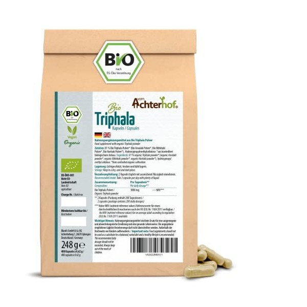 Capsules de Triphala bio 400 pièces | Recharge | avec 500mg de poudre de Triphala chacune | Combinaison dAmalaki, Bibhitaki 