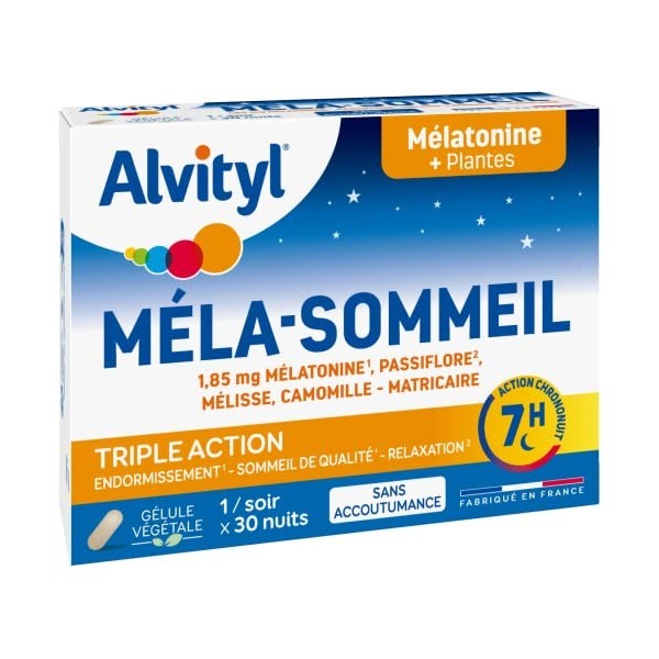 Alvityl - Capsules Méla-Sommeil - Mélatonine+3 plantes+vitamine B6 - Triple action sur le sommeil et la relaxation - 30 gélul