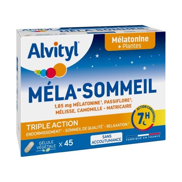 Alvityl Méla-sommeil – 45 nuits – Mélatonine + 3 plantes + vitamine B6 – Triple action sur le sommeil et la relaxation – 45 g